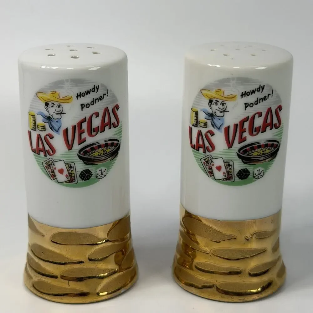 Vintage Las Vegas Howdy Podner Salt Pepper Shakers Gold Retro Souvenir Cowboy